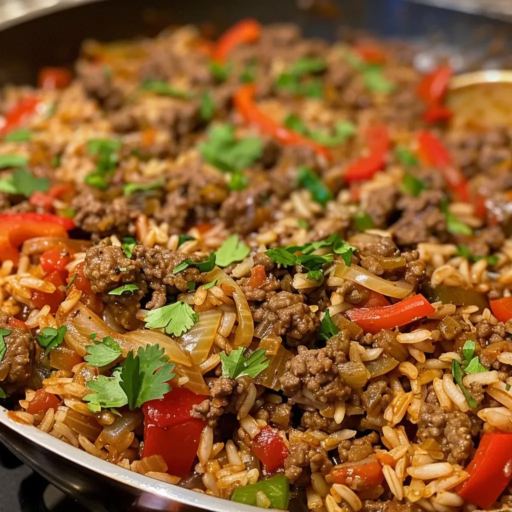 ['A close-up view of a delicious One-Pot Beef and Rice Skillet with colorful vegetables, showcasing its juicy texture.', 'A side view image of a One-Pot Beef and Rice Skillet, highlighting the ground beef and rice mixed with bell peppers and onions.', 'A vibrant close-up of a One-Pot Beef and Rice Skillet, displaying the rich colors of beef, rice, and vegetables in a glossy finish.', 'A detailed photo of a One-Pot Beef and Rice Skillet, emphasizing the savory ingredients and inviting presentation.']