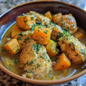 Close-up of juicy chicken thighs in a colorful pumpkin and sweet potato stew.