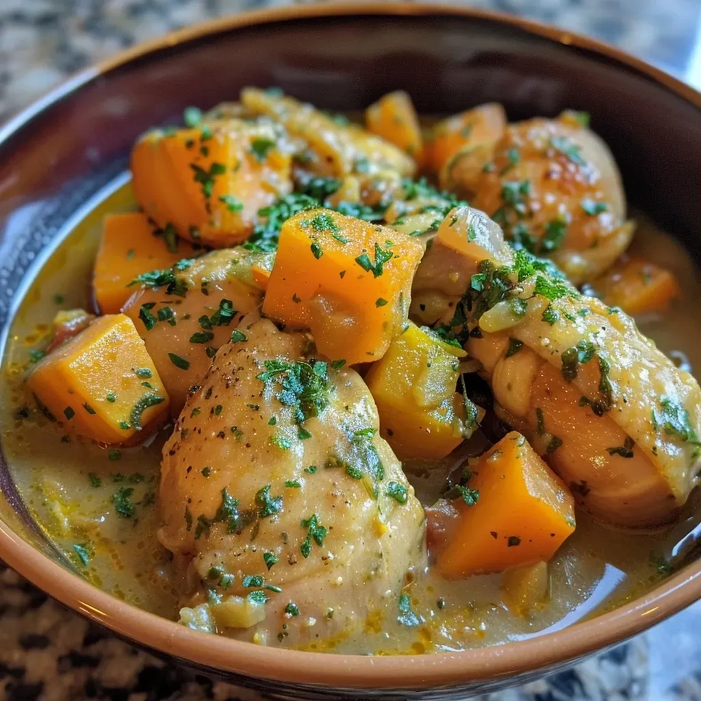 ['Close-up of juicy chicken thighs in a colorful pumpkin and sweet potato stew.', 'Side view of a hearty one-pot chicken stew featuring pumpkin and sweet potatoes.', 'Bowl of tender chicken thighs surrounded by vibrant pumpkin and sweet potato chunks.', 'Delicious one-pot chicken stew with a mix of vegetables seen from the side.']