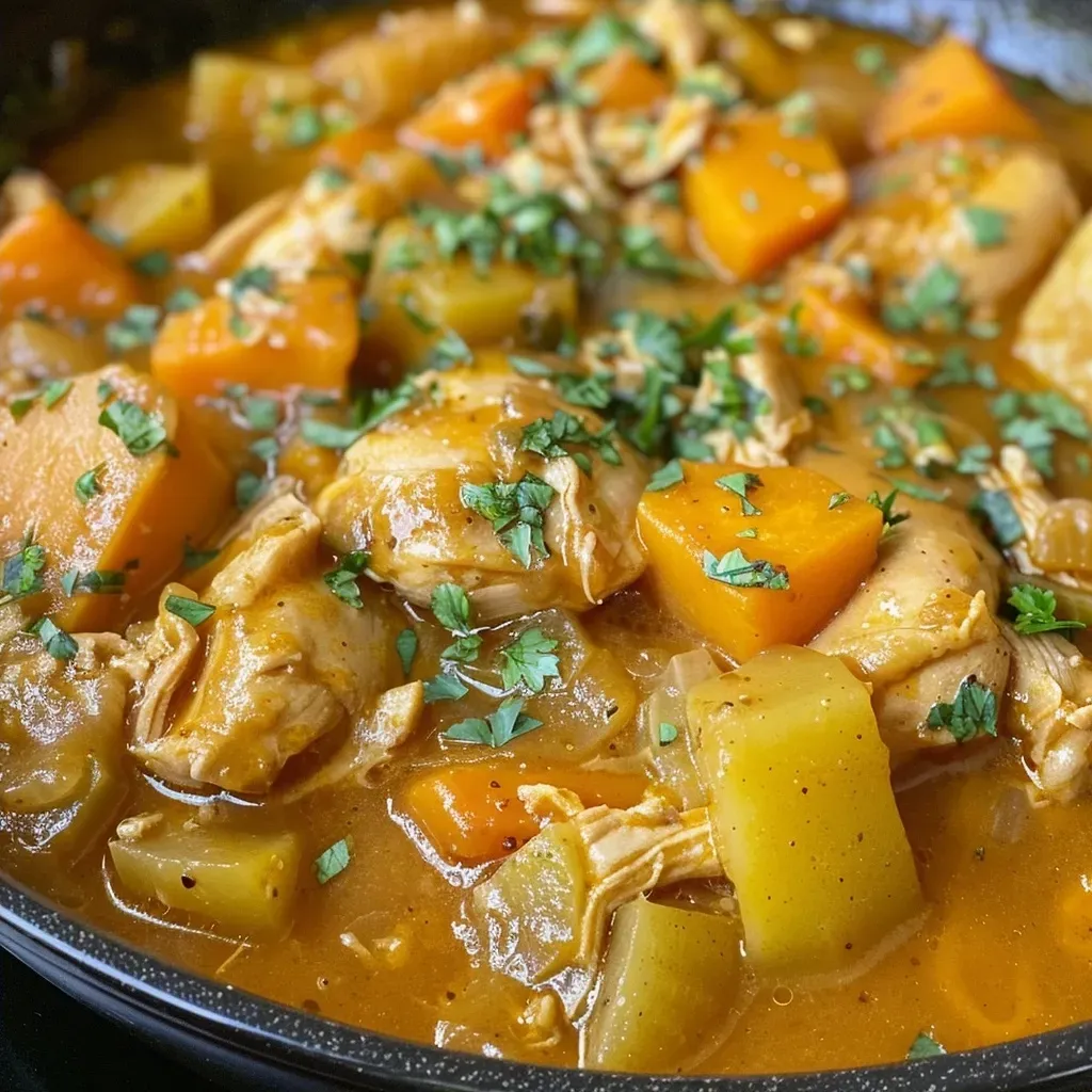 Close-up of juicy chicken thighs in a colorful pumpkin and sweet potato stew.