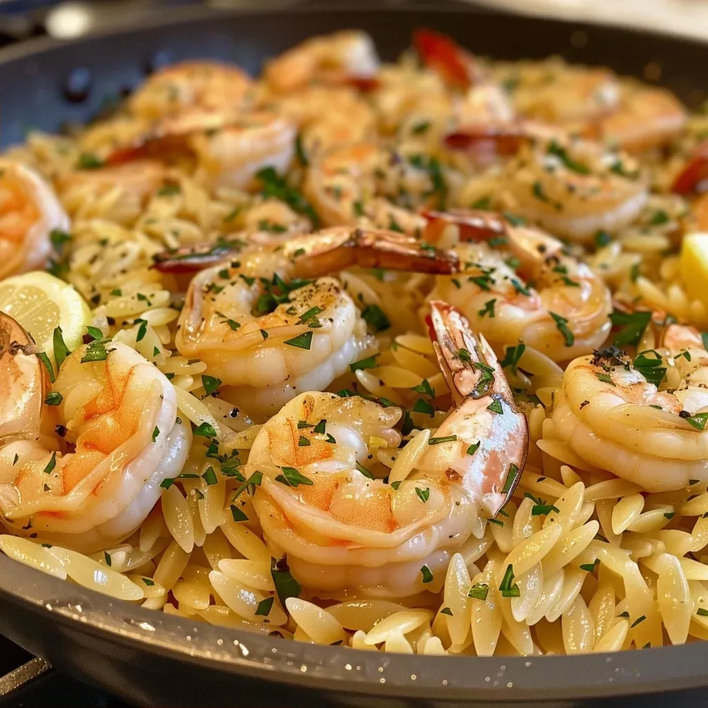 ['Close-up view of a bowl filled with One-Pot Garlic Butter Shrimp Orzo.', 'Juicy shrimp and orzo pasta dish, garnished with fresh parsley.', 'Side view of creamy One-Pot Garlic Butter Shrimp Orzo ready to serve.', 'A colorful dish of garlic butter shrimp mixed with orzo on a wooden table.']