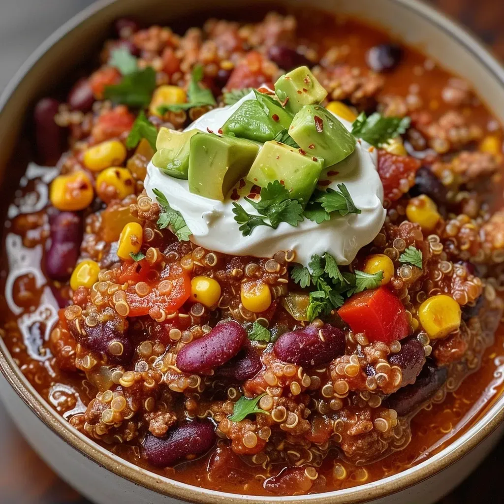 ['Close-up view of a bowl filled with One Pot Quinoa Chili with Meat, topped with diced avocado and cilantro.', 'Side view of a hearty One Pot Quinoa Chili with Meat, showcasing colorful ingredients like red pepper and corn.', 'Detailed shot of a steaming bowl of One Pot Quinoa Chili with Meat, garnished with shredded cheese and yogurt.', 'Vibrant image of One Pot Quinoa Chili with Meat, highlighting the texture of quinoa and spices.']