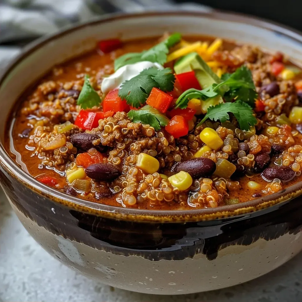 ['Close-up view of a bowl filled with One Pot Quinoa Chili with Meat, topped with diced avocado and cilantro.', 'Side view of a hearty One Pot Quinoa Chili with Meat, showcasing colorful ingredients like red pepper and corn.', 'Detailed shot of a steaming bowl of One Pot Quinoa Chili with Meat, garnished with shredded cheese and yogurt.', 'Vibrant image of One Pot Quinoa Chili with Meat, highlighting the texture of quinoa and spices.']