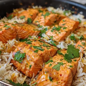 ['Close-up view of a bowl of One Pot Rice and Salmon with colorful ingredients.', 'Side view of cooked salmon fillets and rice, garnished with herbs.', 'Juicy salmon and basmati rice dish in a rustic bowl, topped with parsley.', 'Plate of One Pot Rice and Salmon featuring vibrant spices and herbs.']