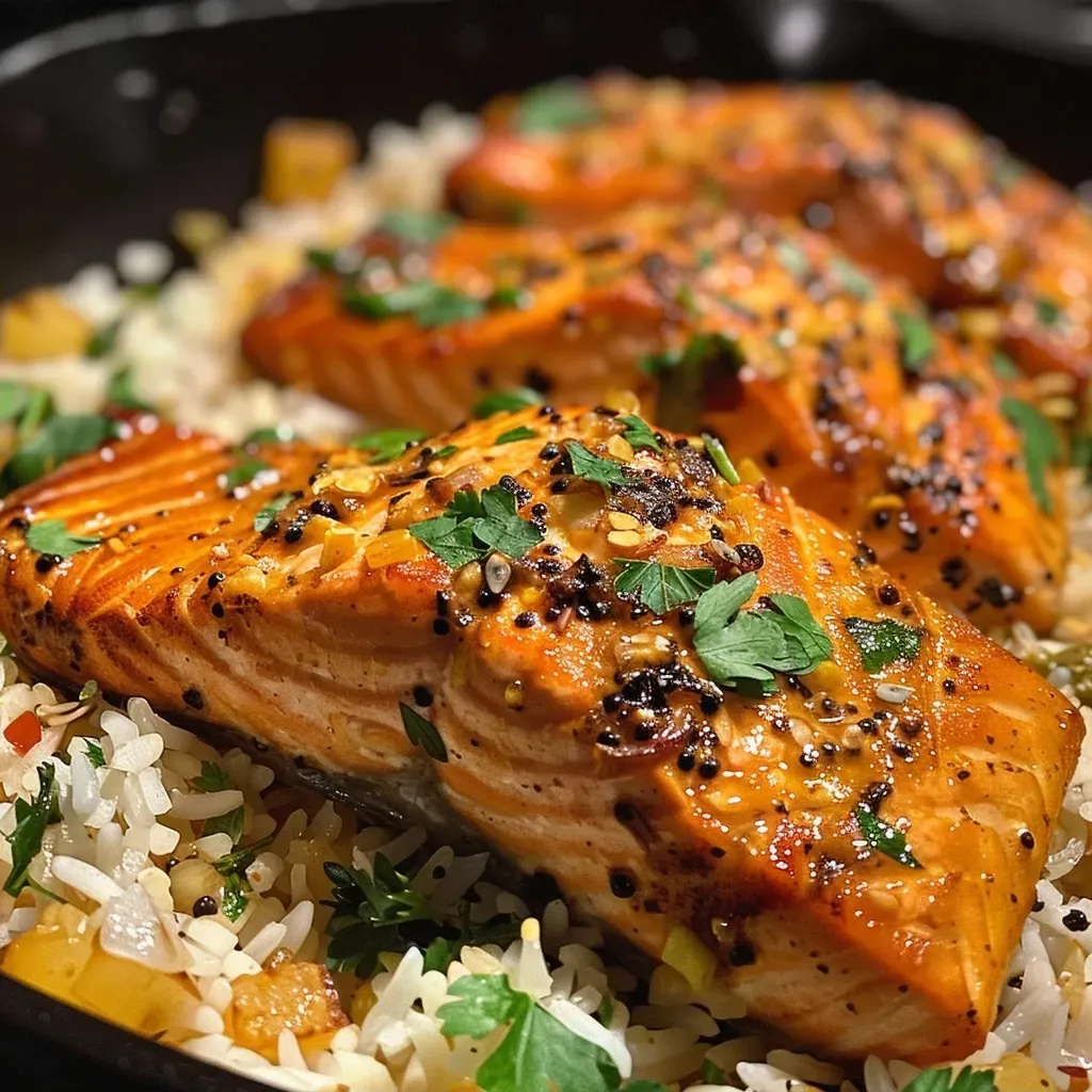 ['Close-up view of a bowl of One Pot Rice and Salmon with colorful ingredients.', 'Side view of cooked salmon fillets and rice, garnished with herbs.', 'Juicy salmon and basmati rice dish in a rustic bowl, topped with parsley.', 'Plate of One Pot Rice and Salmon featuring vibrant spices and herbs.']