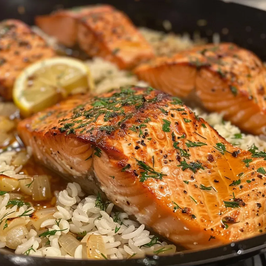 ['A close-up view of a plated dish featuring salmon fillets on a bed of rice with colorful diced peppers.', 'Side view of a delicious one pot meal showcasing juicy salmon fillets and fluffy rice with vegetables.', 'Plated one pot salmon and rice dish, garnished with fresh parsley and lemon slices, highlighting vibrant ingredients.', 'Close-up photograph of a savory salmon and rice dish, with a variety of diced vegetables and spices.']