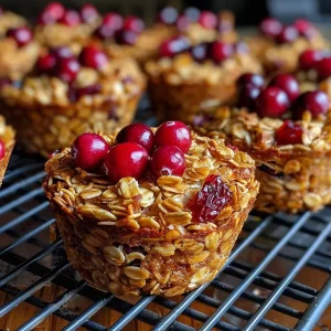 ['Close-up view of a stack of orange cranberry baked oatmeal cups.', 'Side view of golden-brown oatmeal cups with orange and cranberry bits.', 'Juicy baked oatmeal cups displayed with cranberries and orange zest.', 'Delicious orange cranberry baked oatmeal cups arranged on a plate.']