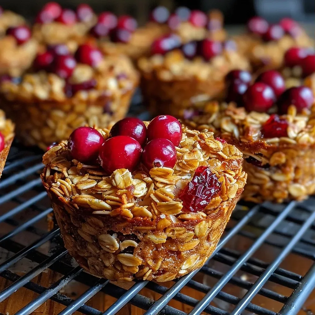 ['Close-up view of a stack of orange cranberry baked oatmeal cups.', 'Side view of golden-brown oatmeal cups with orange and cranberry bits.', 'Juicy baked oatmeal cups displayed with cranberries and orange zest.', 'Delicious orange cranberry baked oatmeal cups arranged on a plate.']