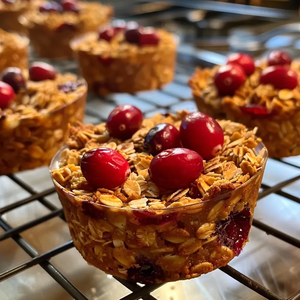 ['Close-up view of a stack of orange cranberry baked oatmeal cups.', 'Side view of golden-brown oatmeal cups with orange and cranberry bits.', 'Juicy baked oatmeal cups displayed with cranberries and orange zest.', 'Delicious orange cranberry baked oatmeal cups arranged on a plate.']