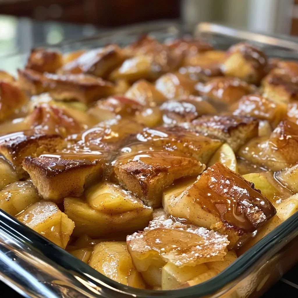 ['A close-up side view of a baked French toast casserole topped with cinnamon and apples.', 'Juicy Overnight Cinnamon Apple Baked French Toast Casserole with a golden crust and apple chunks.', 'A delicious casserole dish filled with baked French toast, apples, and a sprinkle of cinnamon.', 'A tempting side view of French toast casserole, showcasing layers of bread and chopped apples.']