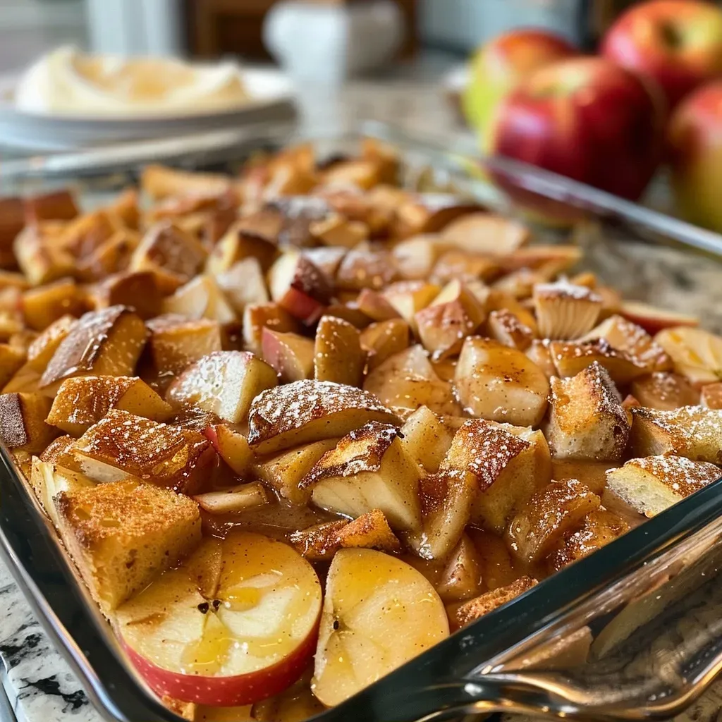 ['A close-up side view of a baked French toast casserole topped with cinnamon and apples.', 'Juicy Overnight Cinnamon Apple Baked French Toast Casserole with a golden crust and apple chunks.', 'A delicious casserole dish filled with baked French toast, apples, and a sprinkle of cinnamon.', 'A tempting side view of French toast casserole, showcasing layers of bread and chopped apples.']