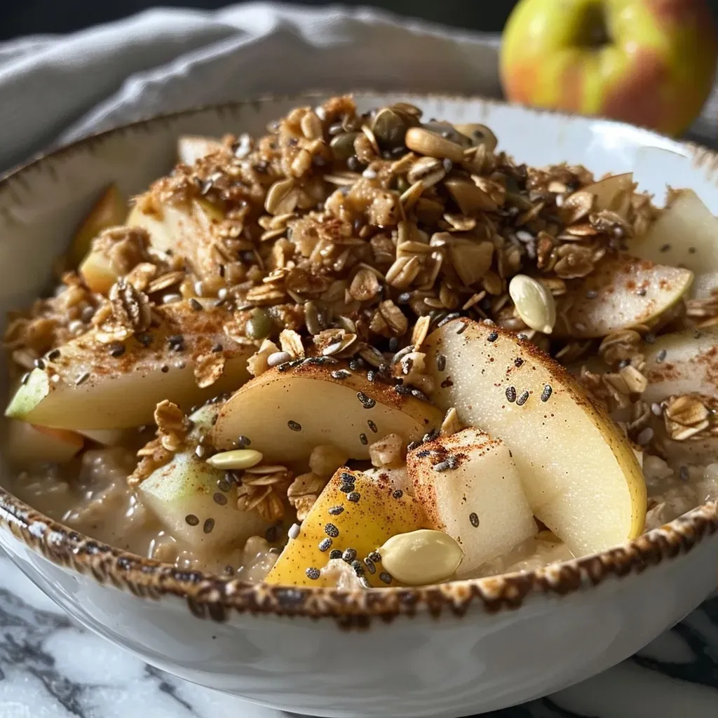 ['A close-up view of a delicious Pear and Apple Breakfast Crumble, showcasing diced fruits and a golden oat topping.', 'Side angle of a warm Pear and Apple Breakfast Crumble, highlighting juicy pears, apples, and a crunchy crust.', 'Detailed image of a Pear and Apple Breakfast Crumble, featuring vibrant fruit pieces and a nutty topping.', 'Close-up side view of a breakfast crumble with pears, apples, and a blend of oats and seeds, freshly baked.']