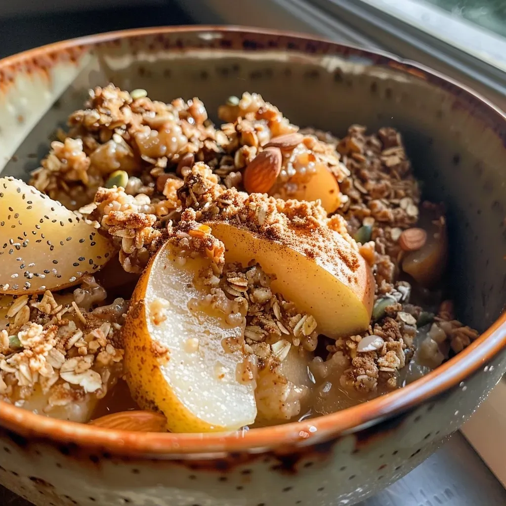 ['A close-up view of a delicious Pear and Apple Breakfast Crumble, showcasing diced fruits and a golden oat topping.', 'Side angle of a warm Pear and Apple Breakfast Crumble, highlighting juicy pears, apples, and a crunchy crust.', 'Detailed image of a Pear and Apple Breakfast Crumble, featuring vibrant fruit pieces and a nutty topping.', 'Close-up side view of a breakfast crumble with pears, apples, and a blend of oats and seeds, freshly baked.']