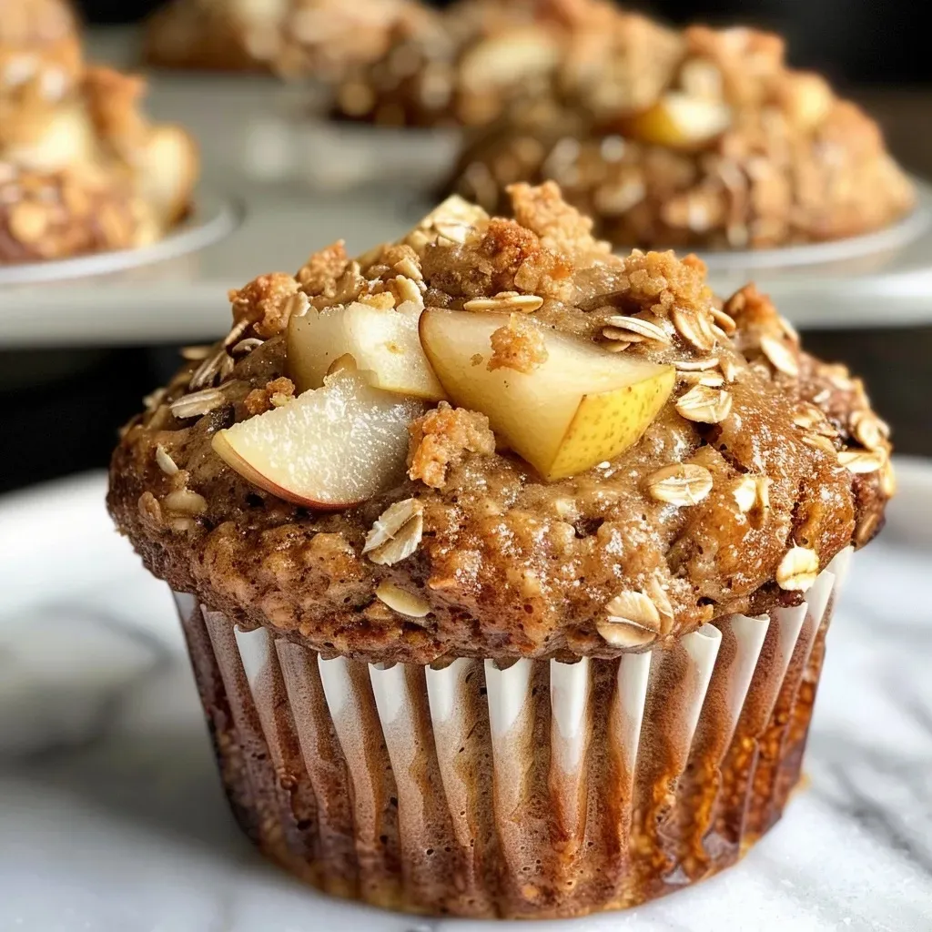 ['Close-up view of freshly baked Pear Cardamom Oatmeal Muffins with a golden crust.', 'Side view of moist Pear Cardamom Oatmeal Muffins, showing diced pear pieces on top.', 'Appetizing Pear Cardamom Oatmeal Muffins with a crumbly texture and cardamom seasoning.', 'Deliciously baked Pear Cardamom Oatmeal Muffins in a rustic muffin liner, ready to eat.']