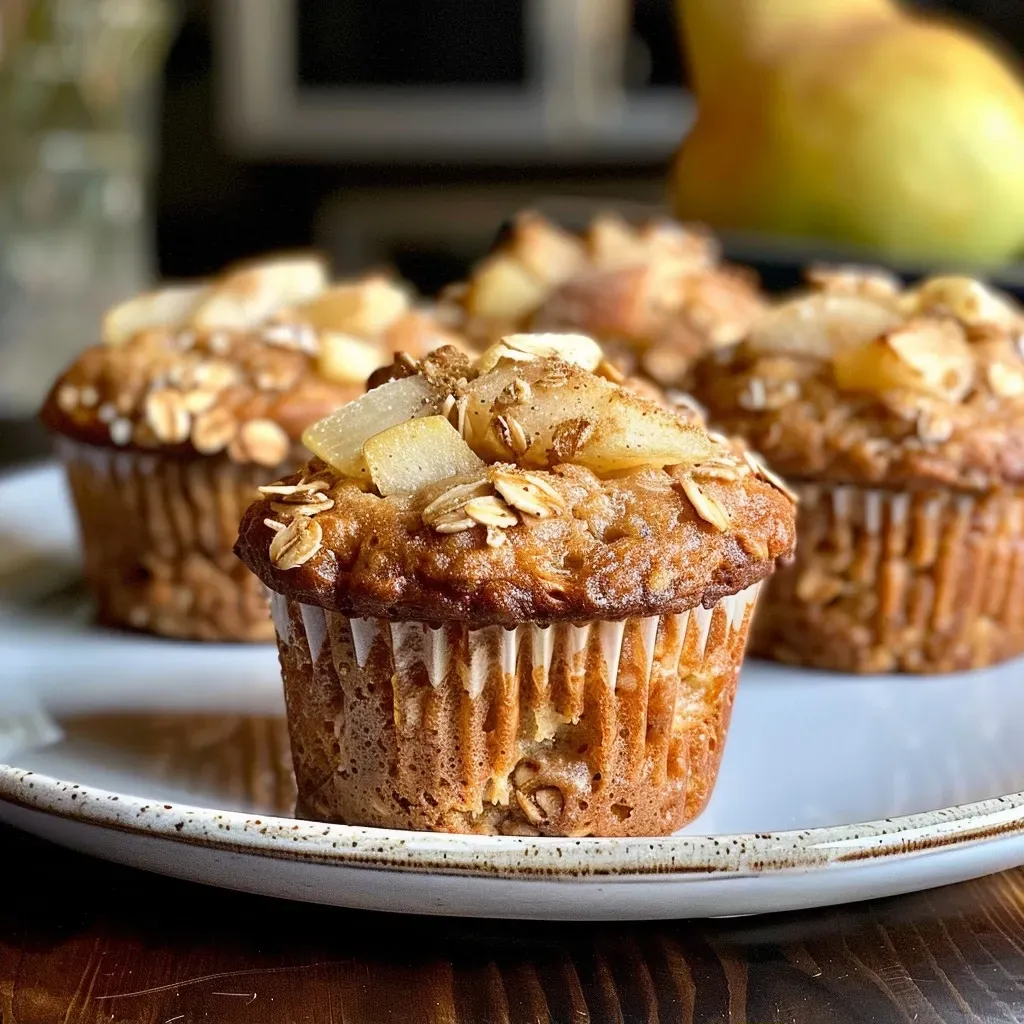 ['Close-up view of freshly baked Pear Cardamom Oatmeal Muffins with a golden crust.', 'Side view of moist Pear Cardamom Oatmeal Muffins, showing diced pear pieces on top.', 'Appetizing Pear Cardamom Oatmeal Muffins with a crumbly texture and cardamom seasoning.', 'Deliciously baked Pear Cardamom Oatmeal Muffins in a rustic muffin liner, ready to eat.']