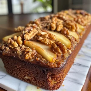 ['Close-up side view of a loaf of Pear Walnut Bread showing its golden-brown crust and visible pear and walnut pieces.', 'Side view photograph of a freshly baked Pear Walnut Bread with a crumbly texture, highlighting the chopped walnuts and pear chunks.', 'Detailed close-up of Pear Walnut Bread, revealing its soft, moist interior filled with walnuts and pear bits.', 'Image of Pear Walnut Bread cut to showcase its rich, nutty texture and sweet pear pieces throughout.']