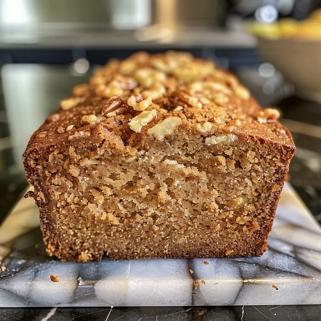 ['Close-up side view of a loaf of Pear Walnut Bread showing its golden-brown crust and visible pear and walnut pieces.', 'Side view photograph of a freshly baked Pear Walnut Bread with a crumbly texture, highlighting the chopped walnuts and pear chunks.', 'Detailed close-up of Pear Walnut Bread, revealing its soft, moist interior filled with walnuts and pear bits.', 'Image of Pear Walnut Bread cut to showcase its rich, nutty texture and sweet pear pieces throughout.']