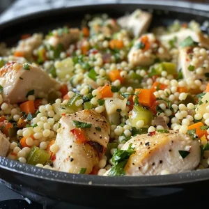 ['Close-up of a bowl filled with pearled couscous, chicken pieces, and colorful mixed vegetables.', 'Side view of a dish showcasing juicy pearled couscous with diced chicken and mixed veggies.', 'A vibrant serving of pearled couscous, chicken, and mixed vegetables presented in a shallow bowl.', 'Detailed view of pearled couscous combined with tender chicken and assorted vegetables, garnished for freshness.']