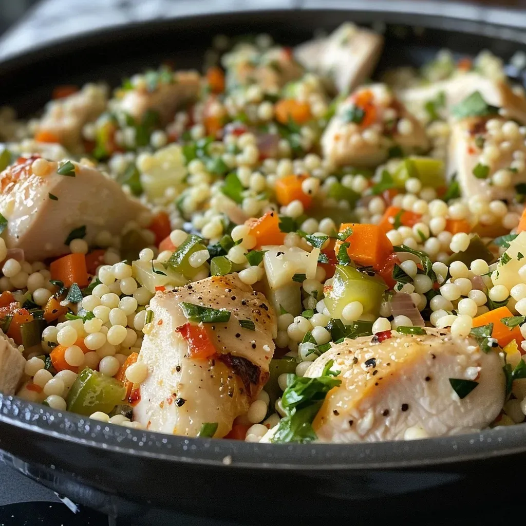 ['Close-up of a bowl filled with pearled couscous, chicken pieces, and colorful mixed vegetables.', 'Side view of a dish showcasing juicy pearled couscous with diced chicken and mixed veggies.', 'A vibrant serving of pearled couscous, chicken, and mixed vegetables presented in a shallow bowl.', 'Detailed view of pearled couscous combined with tender chicken and assorted vegetables, garnished for freshness.']