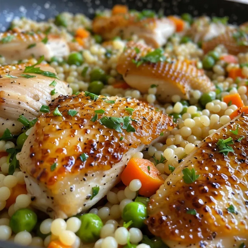 ['Close-up of a bowl filled with pearled couscous, chicken pieces, and colorful mixed vegetables.', 'Side view of a dish showcasing juicy pearled couscous with diced chicken and mixed veggies.', 'A vibrant serving of pearled couscous, chicken, and mixed vegetables presented in a shallow bowl.', 'Detailed view of pearled couscous combined with tender chicken and assorted vegetables, garnished for freshness.']