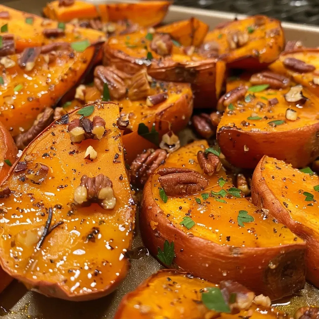 ['Close-up view of roasted sweet potatoes topped with pecans and a maple glaze.', 'Juicy pecan maple roasted sweet potatoes arranged on a plate with a glossy finish.', 'Side view of sweet potatoes drizzled with maple syrup and sprinkled with chopped pecans.', 'Colorful roasted sweet potatoes with a caramelized surface and crunchy pecan topping.']