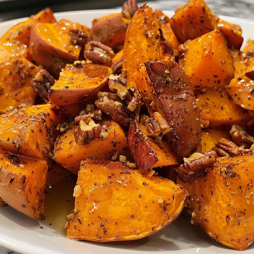 ['Close-up view of roasted sweet potatoes topped with pecans and a maple glaze.', 'Juicy pecan maple roasted sweet potatoes arranged on a plate with a glossy finish.', 'Side view of sweet potatoes drizzled with maple syrup and sprinkled with chopped pecans.', 'Colorful roasted sweet potatoes with a caramelized surface and crunchy pecan topping.']