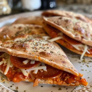 Close-up view of juicy pepperoni pizza pita pockets filled with cheese and pepperoni.