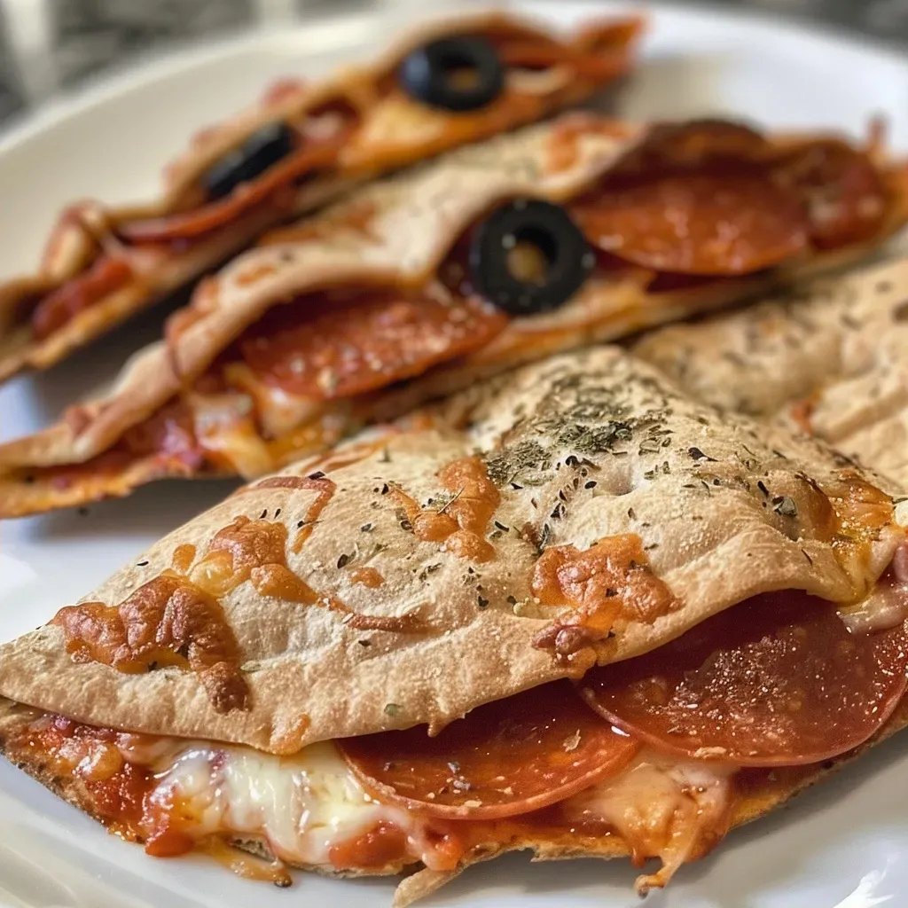 Close-up view of juicy pepperoni pizza pita pockets filled with cheese and pepperoni.