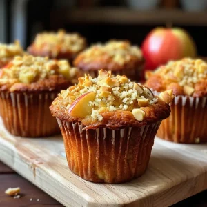 Close-up side view of a golden brown protein apple muffin with visible apple pieces.