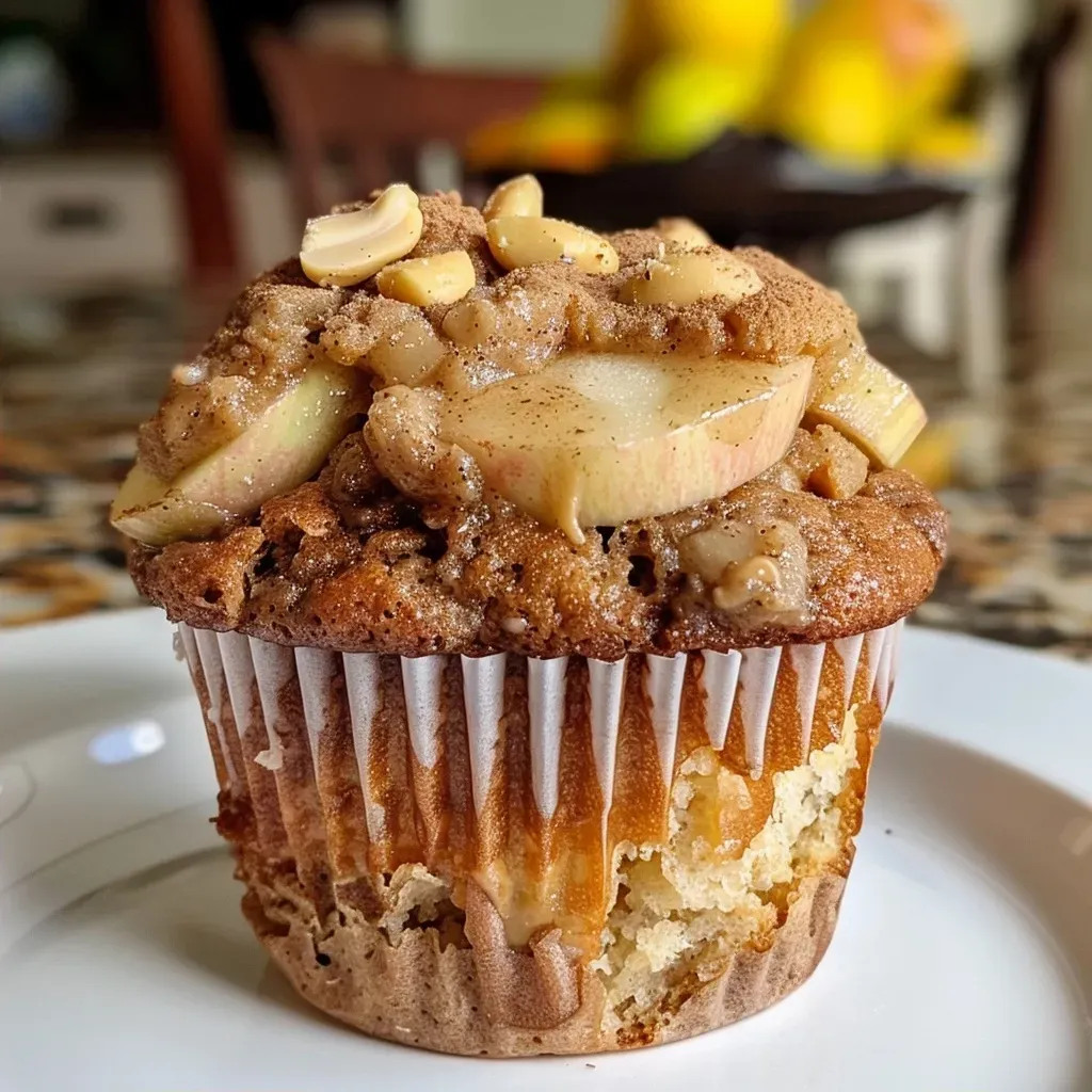Close-up side view of a golden brown protein apple muffin with visible apple pieces.