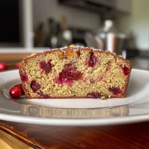 Close-up side view of a Protein Cranberry Orange Loaf with visible cranberries and orange zest.