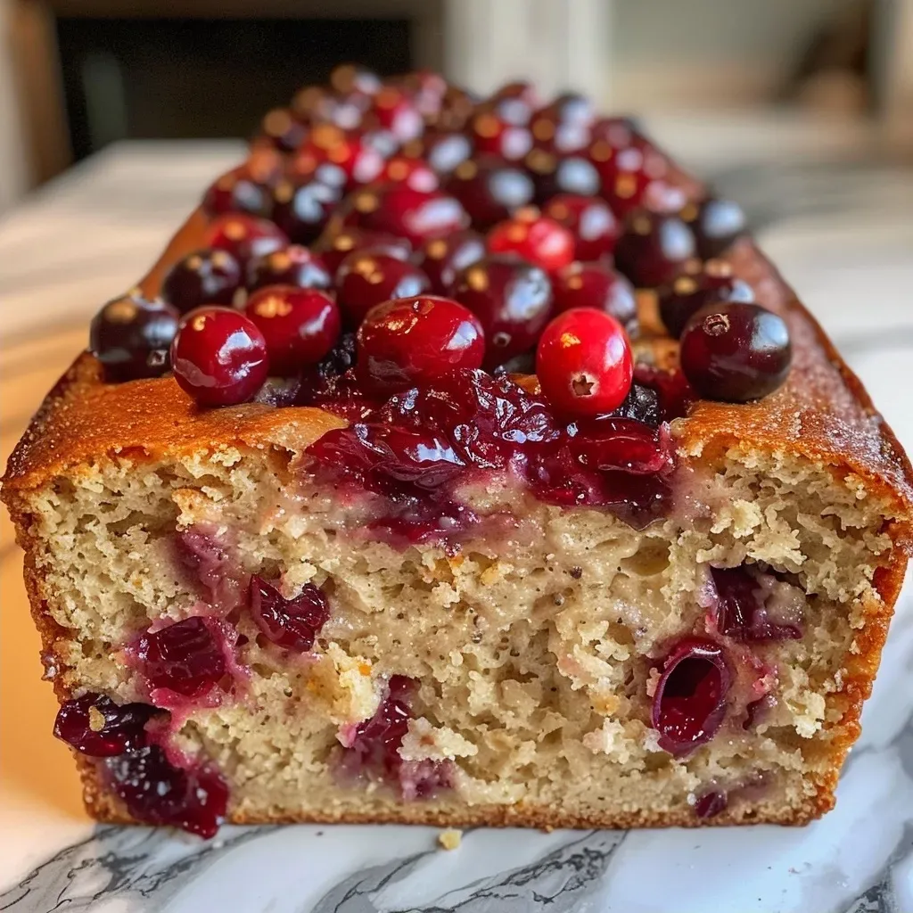 Close-up side view of a Protein Cranberry Orange Loaf with visible cranberries and orange zest.
