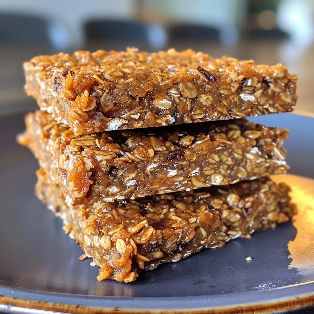 ['Close-up view of a stack of Pumpkin Banana Oat Granola Bars with a golden-brown texture.', 'Side profile of freshly made Pumpkin Banana Oat Granola Bars featuring visible oats and pumpkin.', 'Deliciously layered Pumpkin Banana Oat Granola Bars topped with raisins and spices.', 'Textured side view of homemade Pumpkin Banana Oat Granola Bars ready to eat.']