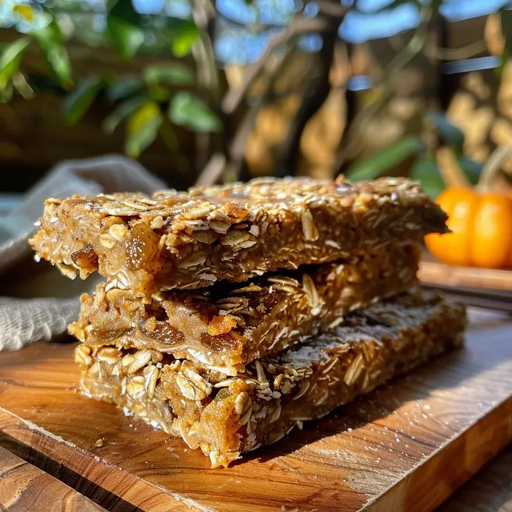 ['Close-up view of a stack of Pumpkin Banana Oat Granola Bars with a golden-brown texture.', 'Side profile of freshly made Pumpkin Banana Oat Granola Bars featuring visible oats and pumpkin.', 'Deliciously layered Pumpkin Banana Oat Granola Bars topped with raisins and spices.', 'Textured side view of homemade Pumpkin Banana Oat Granola Bars ready to eat.']