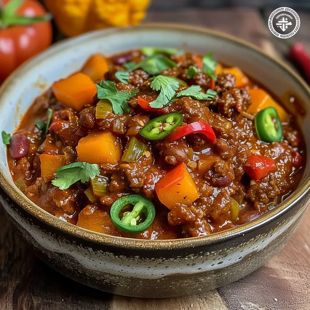 ['A close-up side view of a steaming bowl of Pumpkin Beef Chili, showcasing colorful peppers and chunks of pumpkin.', 'Juicy Pumpkin Beef Chili displayed in a bowl, highlighting the rich colors of spices and vegetables.', 'An appetizing side view of Pumpkin Beef Chili, featuring kidney beans, minced beef, and vibrant peppers.', 'A detailed look at a bowl of Pumpkin Beef Chili with visible ingredients like pumpkin, onions, and spices.']