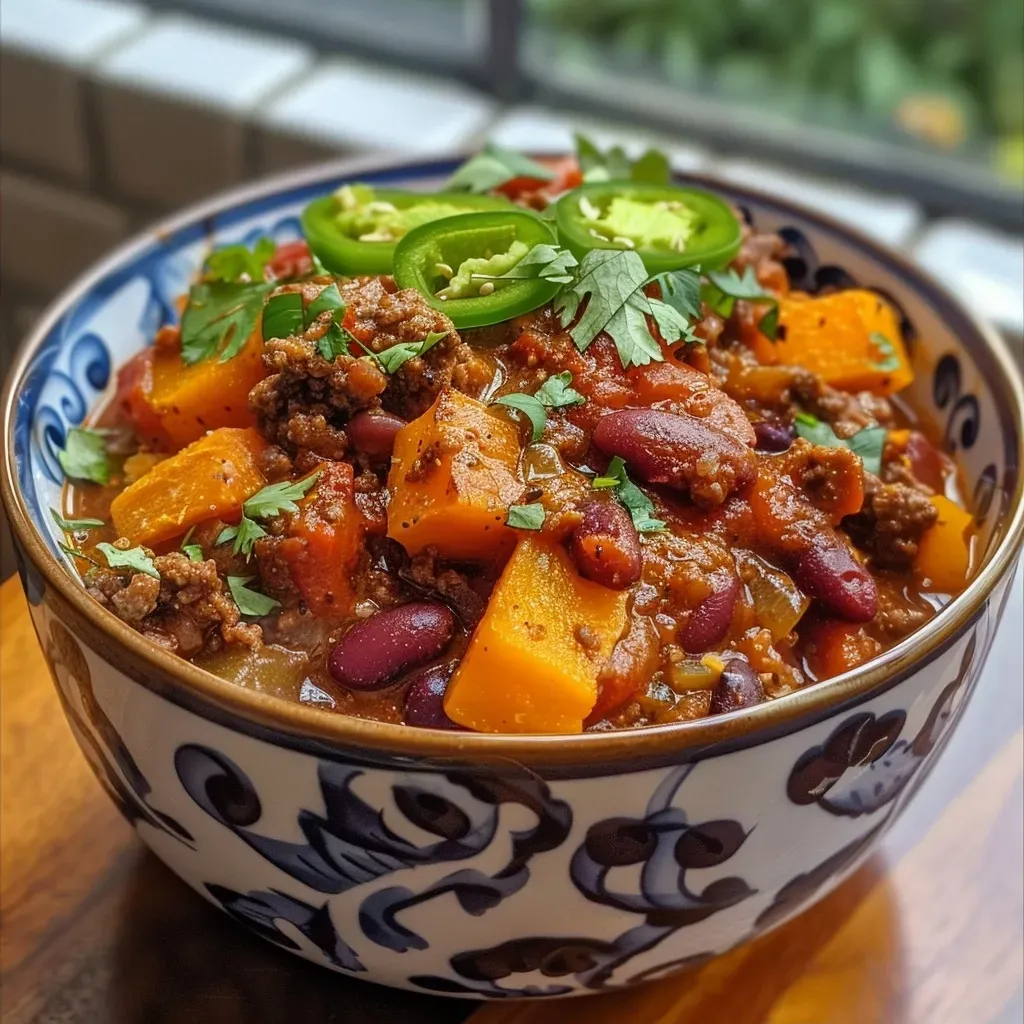 ['A close-up side view of a steaming bowl of Pumpkin Beef Chili, showcasing colorful peppers and chunks of pumpkin.', 'Juicy Pumpkin Beef Chili displayed in a bowl, highlighting the rich colors of spices and vegetables.', 'An appetizing side view of Pumpkin Beef Chili, featuring kidney beans, minced beef, and vibrant peppers.', 'A detailed look at a bowl of Pumpkin Beef Chili with visible ingredients like pumpkin, onions, and spices.']