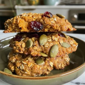 Close-up view of golden-brown Pumpkin Breakfast Cookies with a chewy texture and visible cranberries and pumpkin seeds.