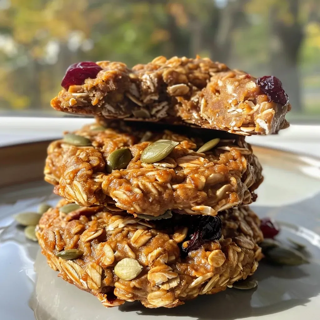 Close-up view of golden-brown Pumpkin Breakfast Cookies with a chewy texture and visible cranberries and pumpkin seeds.