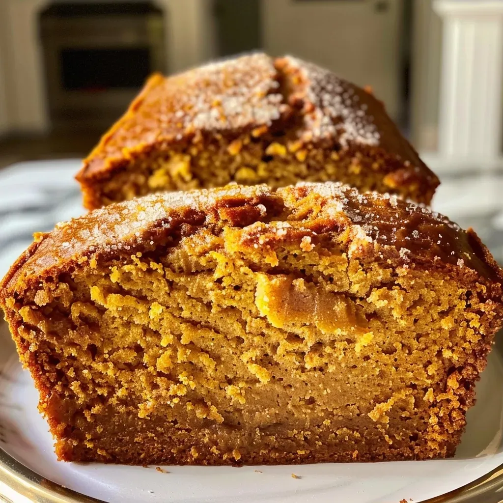 ['Close-up of a slice of moist Pumpkin Butter Bread with visible spices.', 'Side view of fluffy Pumpkin Butter Bread showcasing its texture and golden color.', 'Detailed view of Pumpkin Butter Bread highlighting the rich, pumpkin-infused topping.', 'Slice of Pumpkin Butter Bread on a plate, illustrating its soft crumb and spices.']