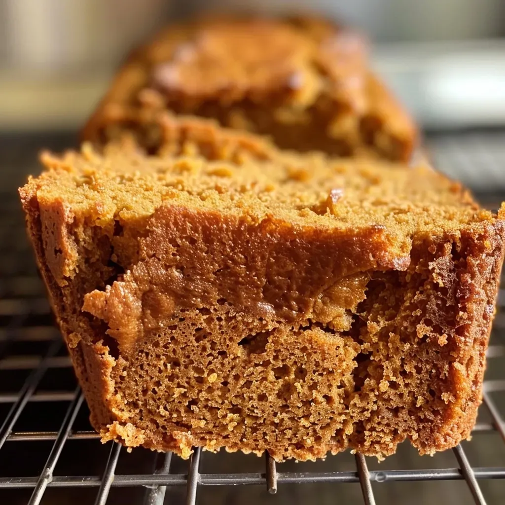 ['Close-up of a slice of moist Pumpkin Butter Bread with visible spices.', 'Side view of fluffy Pumpkin Butter Bread showcasing its texture and golden color.', 'Detailed view of Pumpkin Butter Bread highlighting the rich, pumpkin-infused topping.', 'Slice of Pumpkin Butter Bread on a plate, illustrating its soft crumb and spices.']