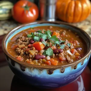 A close-up image of a bowl of pumpkin chili, showcasing its rich colors and textures.