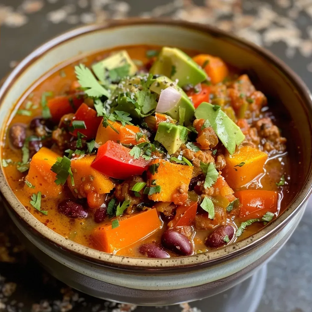A close-up image of a bowl of pumpkin chili, showcasing its rich colors and textures.