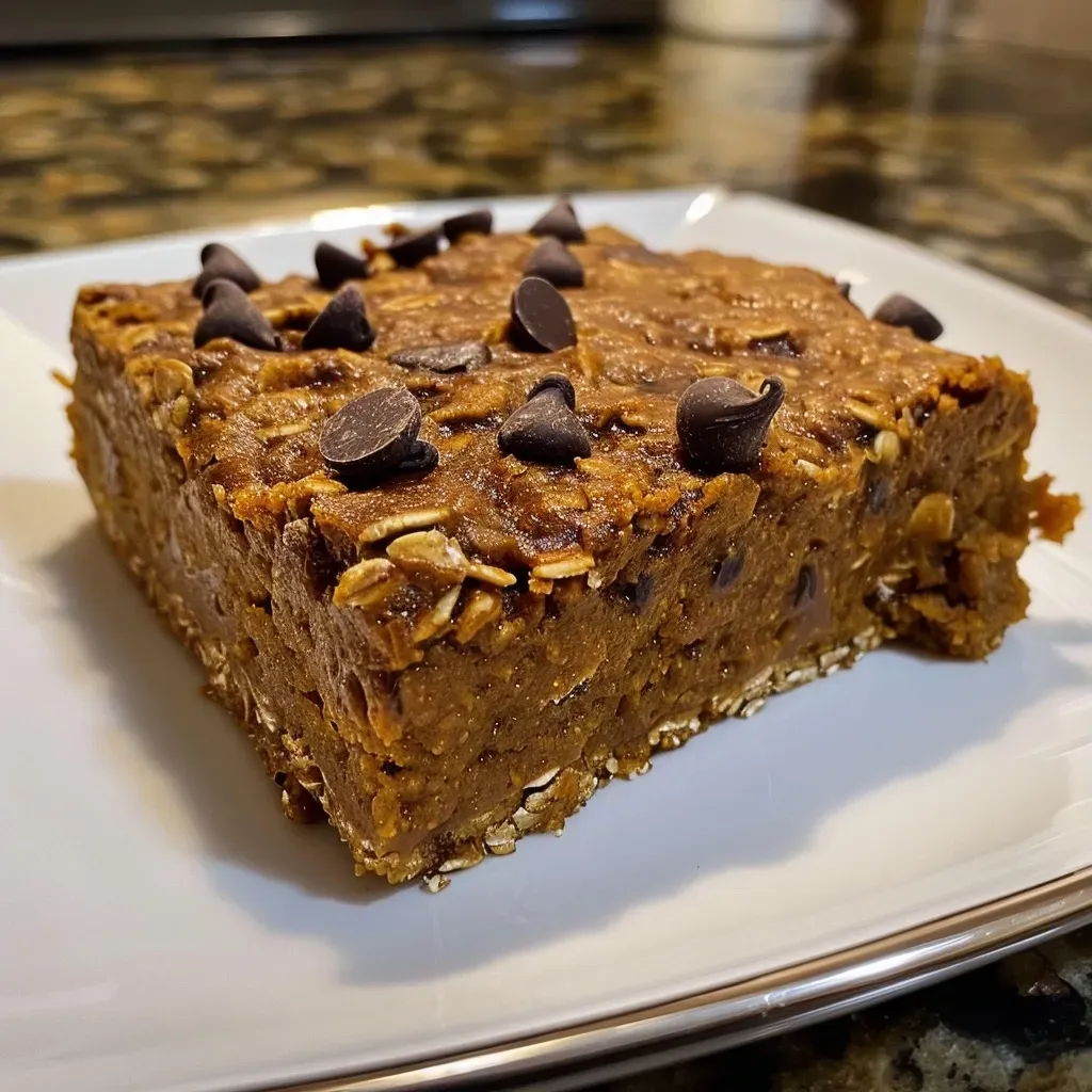 ['Close-up side view of Pumpkin Chocolate Chip Oat Bars showcasing their texture and chocolate chips.', 'A delicious slice of Pumpkin Chocolate Chip Oat Bars with visible chocolate chips and oats.', 'Side view of moist Pumpkin Chocolate Chip Oat Bars with a golden-brown top and melty chocolate pieces.', 'Juicy Pumpkin Chocolate Chip Oat Bars captured in detail, highlighting the oats and chocolatey goodness.']