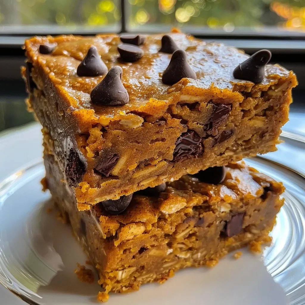 ['Close-up side view of Pumpkin Chocolate Chip Oat Bars showcasing their texture and chocolate chips.', 'A delicious slice of Pumpkin Chocolate Chip Oat Bars with visible chocolate chips and oats.', 'Side view of moist Pumpkin Chocolate Chip Oat Bars with a golden-brown top and melty chocolate pieces.', 'Juicy Pumpkin Chocolate Chip Oat Bars captured in detail, highlighting the oats and chocolatey goodness.']