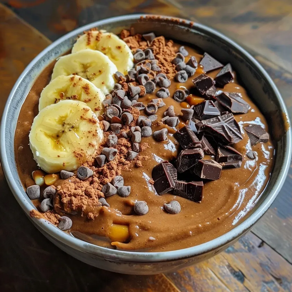 ['Close-up view of a pumpkin chocolate smoothie bowl topped with sliced bananas and cacao nibs.', 'Side view of a creamy smoothie bowl filled with pumpkin and chocolate, garnished with pumpkin seeds.', 'A rich pumpkin chocolate smoothie bowl with a textured surface, decorated with fresh banana slices.', 'A vibrant bowl of pumpkin chocolate smoothie featuring layers of creamy texture and colorful toppings.']