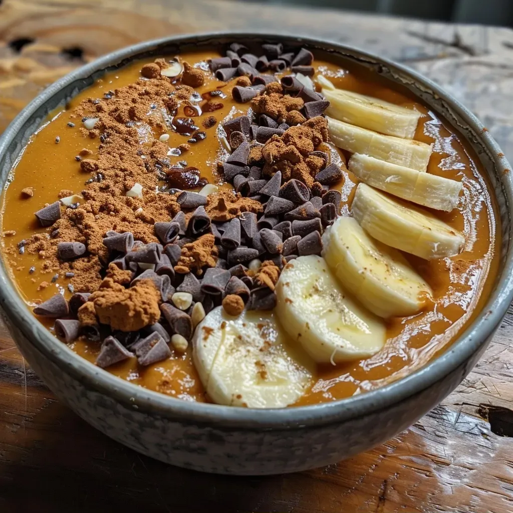 ['Close-up view of a pumpkin chocolate smoothie bowl topped with sliced bananas and cacao nibs.', 'Side view of a creamy smoothie bowl filled with pumpkin and chocolate, garnished with pumpkin seeds.', 'A rich pumpkin chocolate smoothie bowl with a textured surface, decorated with fresh banana slices.', 'A vibrant bowl of pumpkin chocolate smoothie featuring layers of creamy texture and colorful toppings.']