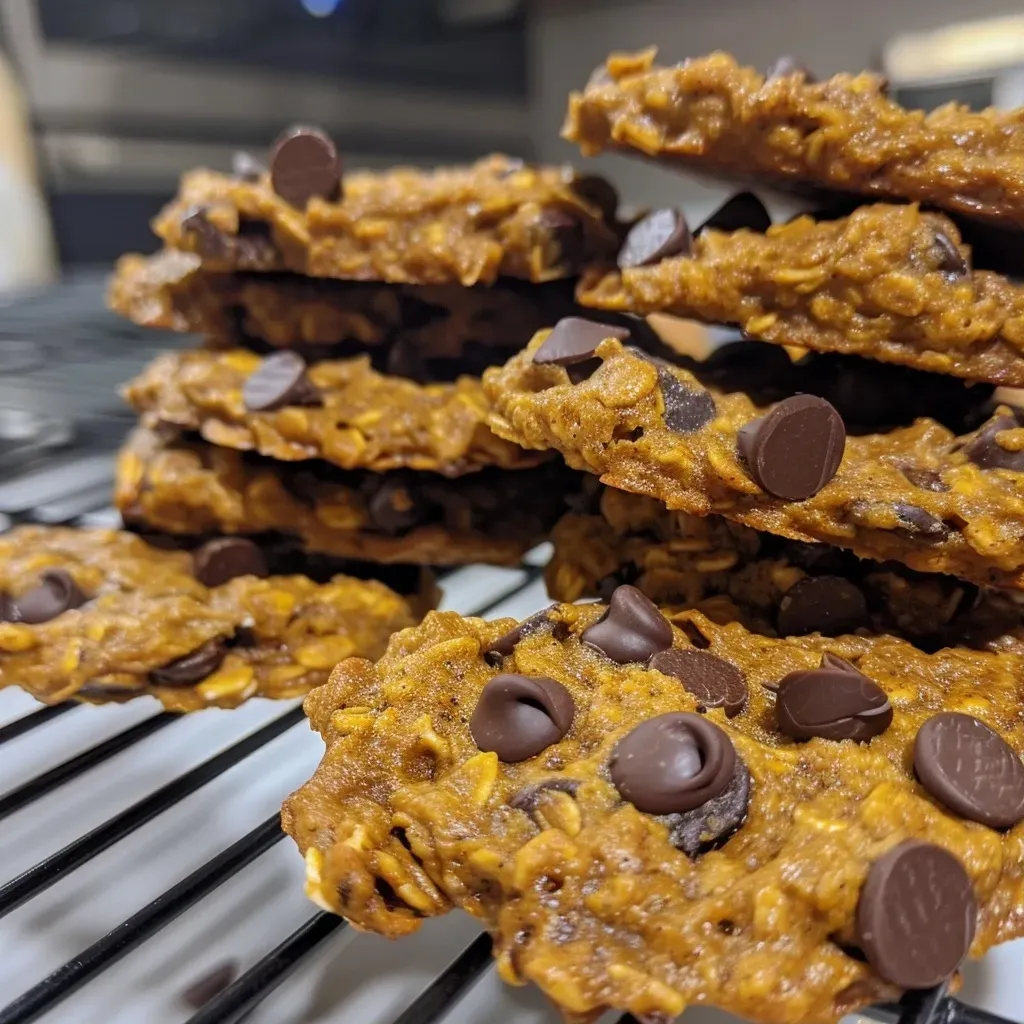 ['Close-up view of a stack of golden-brown Pumpkin Oatmeal Cookies with visible chocolate chips.', 'Side view of crispy Pumpkin Oatmeal Cookies, showcasing a soft texture and rich orange hue.', 'Delicious Pumpkin Oatmeal Cookies with a sprinkle of oats and chocolate chips, displayed on a rustic surface.', 'A mouthwatering arrangement of Pumpkin Oatmeal Cookies, emphasizing their homemade appearance and fluffy texture.']