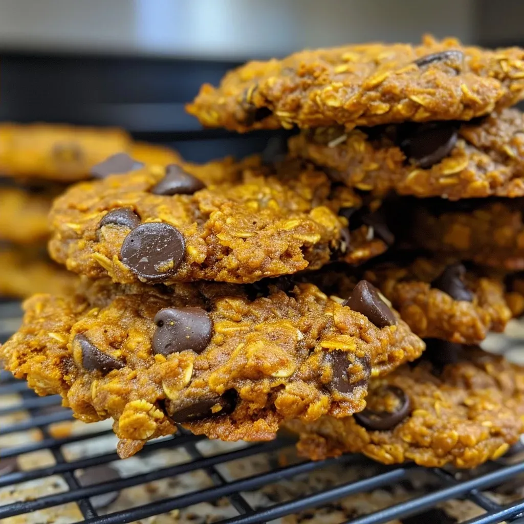 ['Close-up view of a stack of golden-brown Pumpkin Oatmeal Cookies with visible chocolate chips.', 'Side view of crispy Pumpkin Oatmeal Cookies, showcasing a soft texture and rich orange hue.', 'Delicious Pumpkin Oatmeal Cookies with a sprinkle of oats and chocolate chips, displayed on a rustic surface.', 'A mouthwatering arrangement of Pumpkin Oatmeal Cookies, emphasizing their homemade appearance and fluffy texture.']