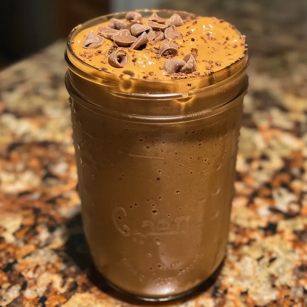 ['Close-up view of a pumpkin peanut butter cup smoothie in a glass.', 'Side view of a creamy pumpkin smoothie topped with swirls of peanut butter.', 'Thick and rich pumpkin peanut butter cup smoothie presented in a clear glass.', 'Smoothie featuring vibrant orange pumpkin color and dark chocolate accents.']