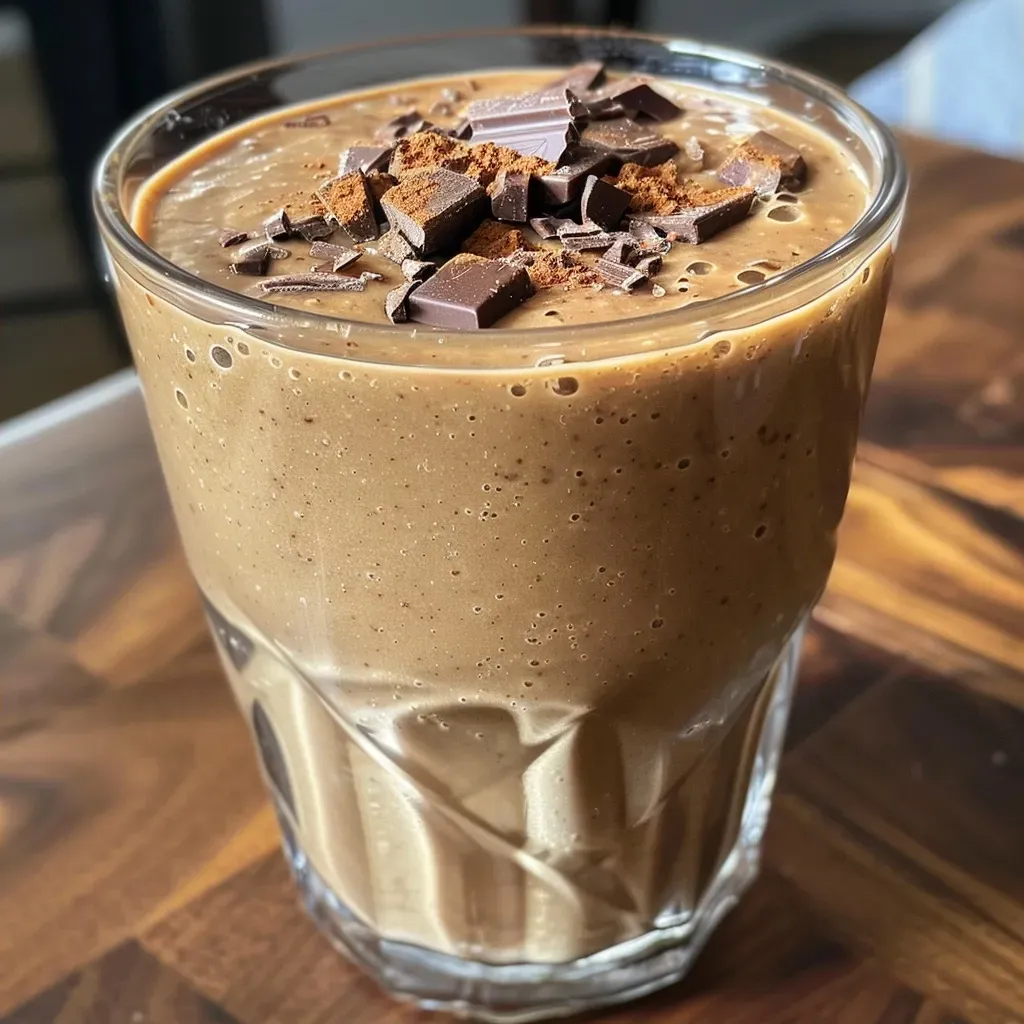 ['Close-up view of a pumpkin peanut butter cup smoothie in a glass.', 'Side view of a creamy pumpkin smoothie topped with swirls of peanut butter.', 'Thick and rich pumpkin peanut butter cup smoothie presented in a clear glass.', 'Smoothie featuring vibrant orange pumpkin color and dark chocolate accents.']